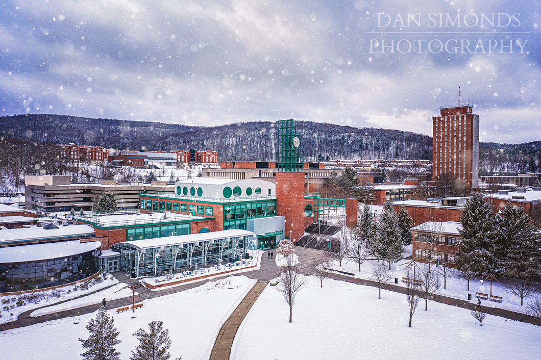 Binghamton University Winter Scene by Dan Simonds Framed Canvas Print